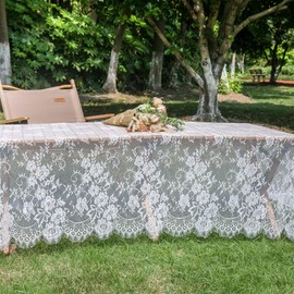 TINWIN - Mantel rectangular de encaje de 60 x 120 pulgadas, color blanco, vintage, camino de mesa, tela de pestaña, para cocina, comedor, mesa de picnic, decoración de boda, decoración del hogar