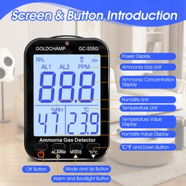 Ammonia Gas Meter Detector, NH3 Gas Monitor Sensor Range 0-100ppm, Resolution 0.1ppm with Temperature(℉/℃), Humidity, Backlight Display, Dual Alarm for Poultry, Farm, Home GC-535G