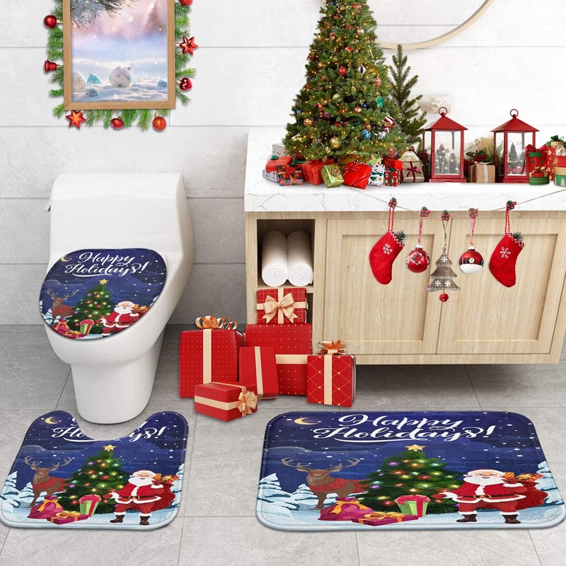 Christmas Bathroom Sets with Shower Curtain and Rugs, Deer Santa