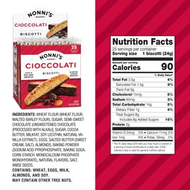 Nonni's Cioccolati Dark Chocolate Almond Biscotti Cookies – Individually Wrapped Italian Coffee Snack, Crunchy Twice-Baked, 90 Cal Each, 21.5 oz Carton, 4 Pack