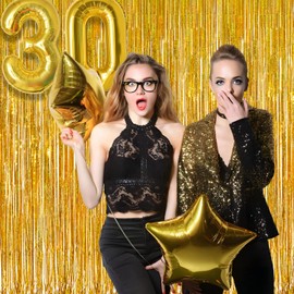 Gold Fringe Curtain Tinsel Backdrop - GREATRIL Foil Fringe Curtain Party Decor Streamers for New Years Eve 2024 Birthday Christmas Graduation Theme Thanksgiving Party Decorations Pack of 2