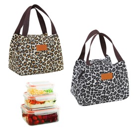 SHENGYIG Pack of 2 Lunch Box Bag, Square Lunch Bag Women, 5.28 L Large Capacity Breakfast Bag, Portable and Foldable, Waterproof Zip with Leopard Print