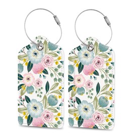 Spring Flowers Luggage Tags 2PCS PU Leather Suitcases Tag with Stainless Steel Loop and Privacy Name Address Cover Label Card for Women Men Travel