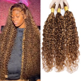 Dokksiiia Chocolate Brown and Honey Blonde Ombre Bundles P427 Highlight Curly Wave Human Hair Bundles #4 & #27 Color Track Mix Brazilian Human Hair Sew-In Extensions 28 30 32 Inch