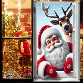 BlissYard Christmas Santa Claus and Reindeer Window Cover Deer Santa Claus Backdrop Photography Background Decoration Xmas Curtain Hanging Banner Holidays Christmas New Year Party Decoration