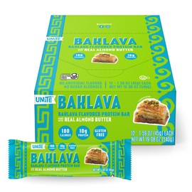 UNiTE Baklava Protein Bars, 12 Pack, 1.59 Oz a Bar, 10g Protein, No Artificial Sweeteners, Almond Butter, Real Ingredients, Gluten and Soy Free, Portable Snack for Office, Gym, or School