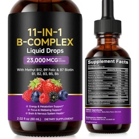 Vitamin B12 Liquid Drops 60ml- 11-in-1 High Strength B Complex Vitamins with Choline & Vitamin C, Fast Absorbing Liquid Supplement for Energy Support