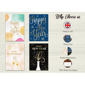 Giftinghouse Happy New Year Cards 2025 packs - 24/48 Gold Foil Greeting Cards Multipack with White Envelopes - Blank Inside Eco-Friendly Cards Set for friends and family.