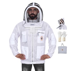 Bee Proof Beekeeping Jacket with Veil 3-Layer Ultra Ventilated Veil Fencing YKK Zippers Full Protection Suit Carrying Bag (BP-301-White)-L