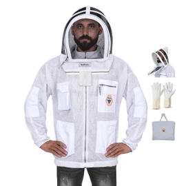 Bee Proof Beekeeping Jacket with Veil 3-Layer Ultra Ventilated Veil Fencing YKK Zippers Full Protection Suit Carrying Bag (BP-301-White)-L