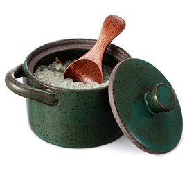 Honeydak Speckled Ceramic Salt Cellar with Lid and Wooden Spoon, Rustic Farmhouse Salt Pepper Cellar Holder for Valentines Day,Housewarming Gift, Heavyweight Spices Jar(Green,1 Set)