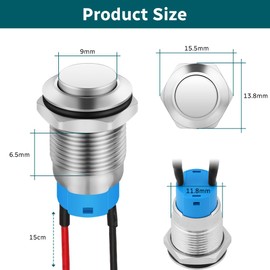 HOTUT 6 Pieces 12 mm Latching Push Button Switch, Waterproof Self-Holding Metal Push Button Switch with Pre Wiring, Push Button Switch, Round Push Button Switch, Locking Button Switch (High Head)