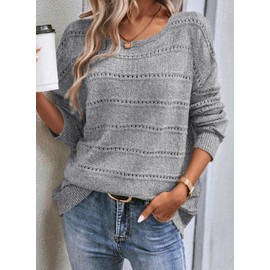 SHEWIN Oversized Sweaters for Women Fall Crew Neck Crochet Sweater Lightweight Long Sleeve Tops Dressy Casual Fall Shirts for Women 2025 Trendy, Gray, 2XL