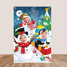 HOWAF Snowman Penguin Photography Backdrop Banner, Christmas Face in Hole Photo Door Cover Christmas Photo Prop Background Banner for Xmas Holiday Winter Christmas Birthday Party Decorations