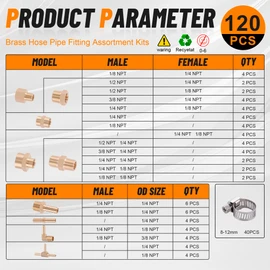 Dazakoot 120Pcs Hose Pipe Fitting & Hose Barb Fitting Kit, 48Pcs Hose Pipe Fitting & 32Pcs Hose Barb Fitting & 40Pcs Hose Clamp, Hex Nipple, Reducing Bushing, NPT Adapter, Adapter, Union