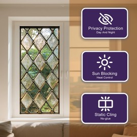 IVN Privacy Window Film Stained Glass Window Cling Diamond Decorative Static Cling Window Sticker for Bathroom Kitchen Entry Door 17.7 x 39.3 Inch