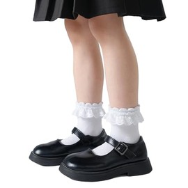 Funjoon 6 Pack 1T-10Y Girls White Ruffle Socks Lace Frilly Dress Cotton School Uniform Crew Socks for Toddler Little Girls, White 4-6Y