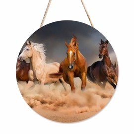 Beabes Rustic Round Sign Front Door Wreaths Running Horse 12in Wooden Hanging Sign for Bedroom Living Room Outdoor Home Decor