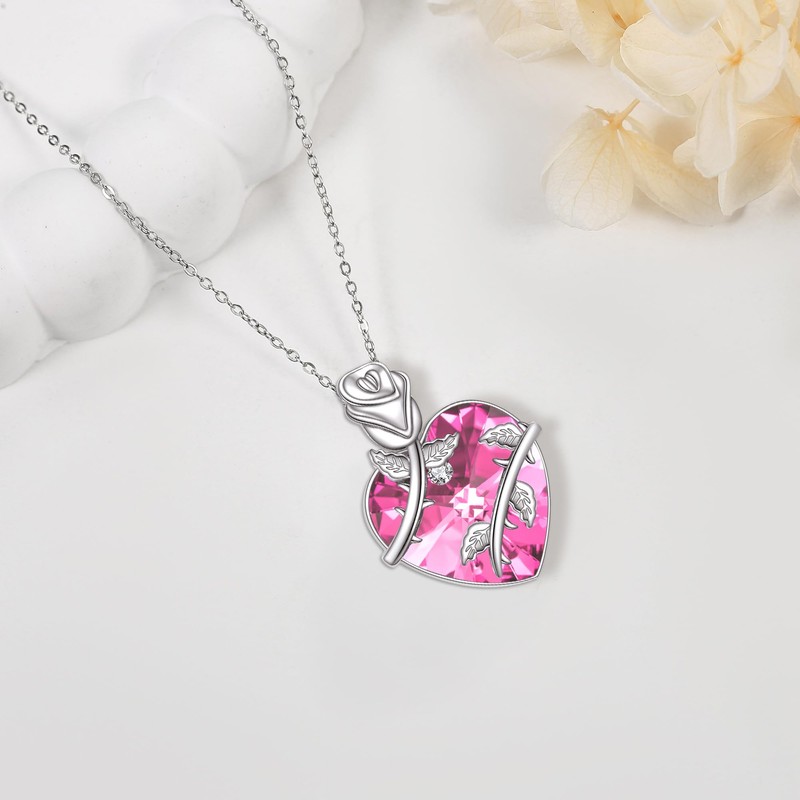 DAYLINLOVE Birthstone Necklace 925 Sterling Silver Rose Flower Heart Pendant