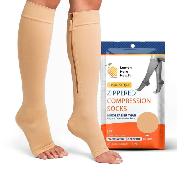 Zipper Compression Socks 15-20mmHg Zipper Skin Protection Open Toe Medical Compression Socks with Zipper for Men Women, beige