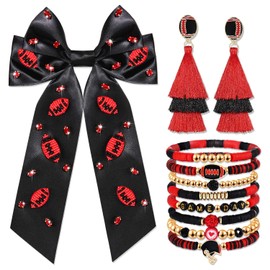 Game Day Accessories Outfits for Women Game Day Hair Bows Beaded Football Hair Bow Clips Large Silky Satin Hair Ribbons Heishi Bracelets Tassel Earrings Team Spirit Football Mom Accessories Gifts