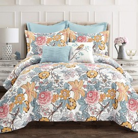 Lush Decor Blue and Yellow Sydney 7-Piece Comforter Set Luxury Bedding (Full/Queen)