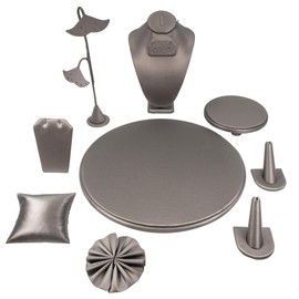 9 Piece Jewelry Display Set for Necklaces, Earrings, Rings, Bracelets, and watches. Perfect for businesses. (Steel Grey Faux Leather)