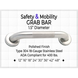 Bathroom Safety 1.5" Grab Bar - ADA Handrail/Bathtub Shower Toilet/304 Stainless Steel/Knurled/ 18"
