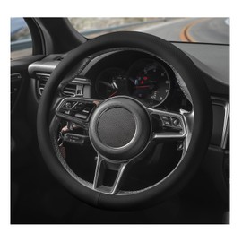 SthExtra Genuine Leather Steering Wheel Cover for Men Women, Premium Lambskin Leather, Non-Slip, Breathable, Universal 14.5-15 Inch (Black, Standard Size (14 1/2"-15"))