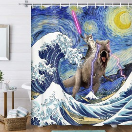 Xguatan Funny Cat Dinosaur Shower Curtain, Cool Cats Ride Dinosaur on Blue Teal Ocean Shower Curtain Set, Underwater Animal Fish Seashell Jellyfish Coastal Shower Curtain for Bathroom (Blue, 70X70)