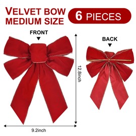 TONIFUL 6pcs Medium Size 9x12 Inch Velvet Bow for Gift Packaging, Door Windows Christmas Tree Decoration, Wedding Party Decoration