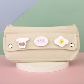 Cute Pencil Case Kawaii Pencil Case Aesthetic Large Capacity Pencil Case Pencil Pouch for Girls with 3 Pins (Off White)