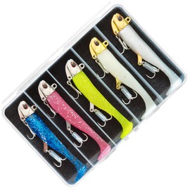 Morisho Jig Head Worm Lure, Luminous Glitter, Fish, Flounder, Sea Bass, Magochi, Blue Fish, Storage Case, 5 Pieces, Assortment, Set, 0.8 oz (24 g)