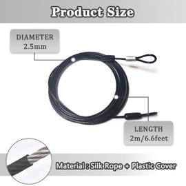 Steel Vinyl Coated Safety Cable Lock with Double Loop - 6.6ft x 2.5mm Steel Cable Rope - Black