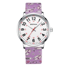 BOFAN Nurse Watch for Nurses,Medical Professionals,Students,Doctors with Easy to Read Dial,Second Hand and 24 Hour,Soft Pink Print Silicone Band,Water Resistant