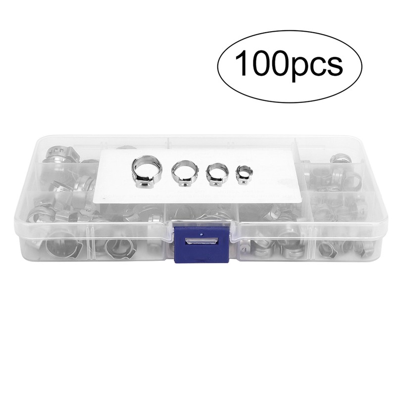100pcs Stainless Steel Single Ear Hose Clamp Crimp Stepless Assortment