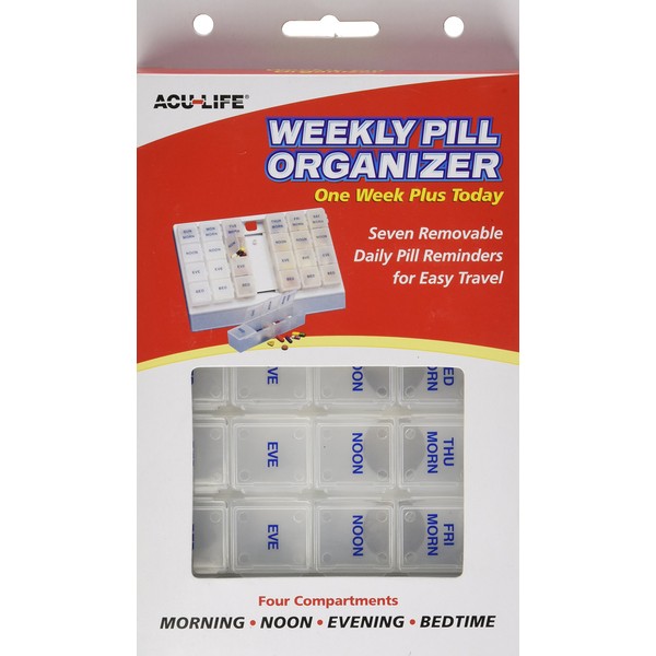 Acu-Life Weekly (7-Day) Pill Organizer, Vitamin Case, and Medicine Box, Removable Compartments, 4 Times a Day, White