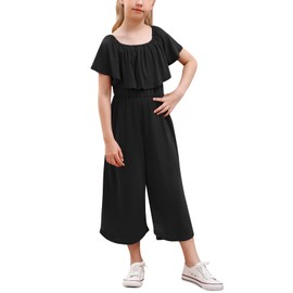 GORLYA Girls Scoop Neck Ruffle Overlay Jumpsuit Rompers Casual Loose Long Wide Leg Jumper Outfits 4-14T (GOR1150,Black,10Y)