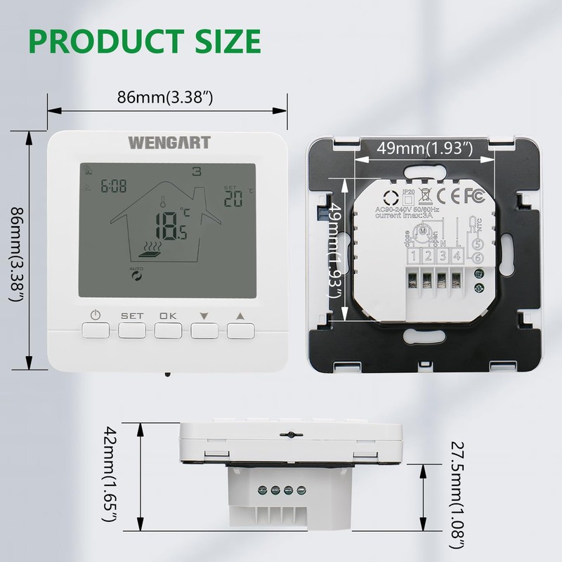 Wengart Electric Heating Thermostat Digital Programmable WG02B05, LCD Touch Screen,