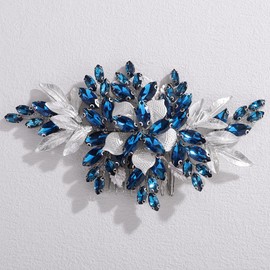 Lenjicons Vintage Flower Leaf Peacock Blue Rhinestone Hair Comb Silver Flower Leaf Wedding Headpiece Rhinestone Wedding Hair Comb Teardrop Crystal Bridal Headpiece for Women (peacock blue(silver))