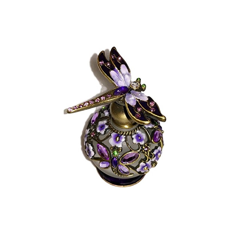 Welforth Dragonfly Lavender & Purple Flower Enamel Crystal Perfume Bottle