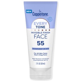 Coppertone Every Tone Invisible Finish Sunscreen Face Lotion SPF 55, Lightweight, Rubs on Clear Sunscreen for All Skin Tones, Formulated with Nourishing Vitamin E, 2 Fl Oz Tube