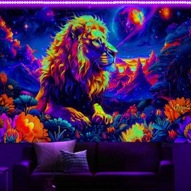 Blacklight Lion Tapestry, Neon Trippy Galaxy Space UV Reactive for Men Hippie Cool Wild Animal Glow in The Dark Magic Mountain Art Wall Hanging for Living Room, 60X40