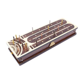 House of Cribbage - Tablero de cuna continuo con incrustaciones de arce y palisandro 4 pistas, cajones laterales con campos de marcado de puntuación  