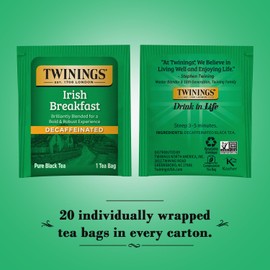 Twinings Irish Breakfast Tea, Decaf Tea Bags, Strong and Distinctive Black Decaffeinated Tea, 20 Individually Wrapped Tea Bags (Pack of 2)