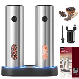 Electric Salt and Pepper Grinder Set: Automatic Rechargeable Salt and Pepper Shakers with USB Charging Base, Adjustable Coarseness, 110ml Large Capacity, Stainless Steel Pepper Grinder for Kitchen