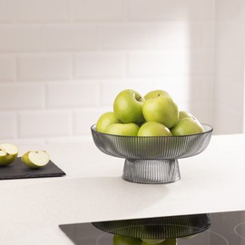 Navaris Glass Fruit Bowl - Decorative Fluted Colored Glass Bowl for Fruit Snacks Candy - 10.2" Diameter Table Centerpiece Dish - Black Tinted Glass