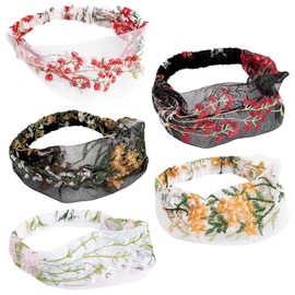 Framendino, 5 Pack Wide Lace Head Bands Embroidery Floral Elastic Hairband for Women Hair Accessories