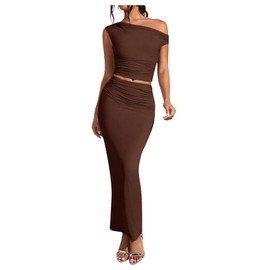 WDIRARA Women's 2 Piece Outfits Floral Print One Shoulder Crop Top Bodycon Ruched Maxi Skirt Set Coffee Brown Medium