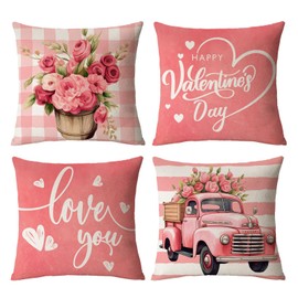 Neatee Living Happy Valentines Day Pillow Covers 18x18 Set of 4 Pink Love Heart Throw Pillow Covers Wedding Anniversary Pillow Covers Pillow Cases Home Outdoor Sofa Couch Cushion Covers(18 by 18)